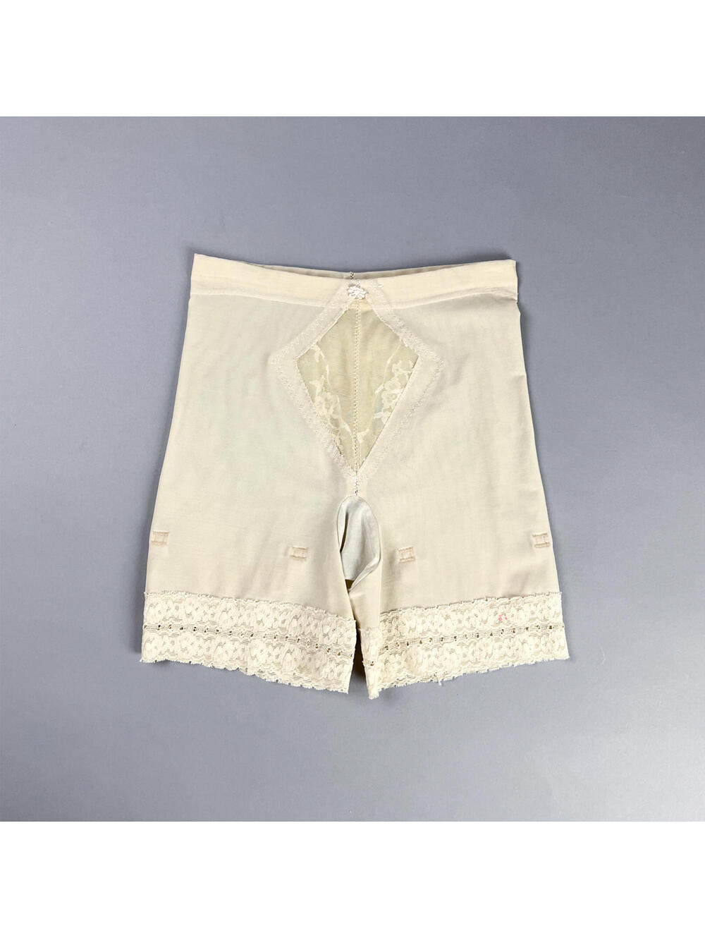 Vintage Girdle Shorts, Cream Lace Trimmed Long Leg Panties with Garter Loops
